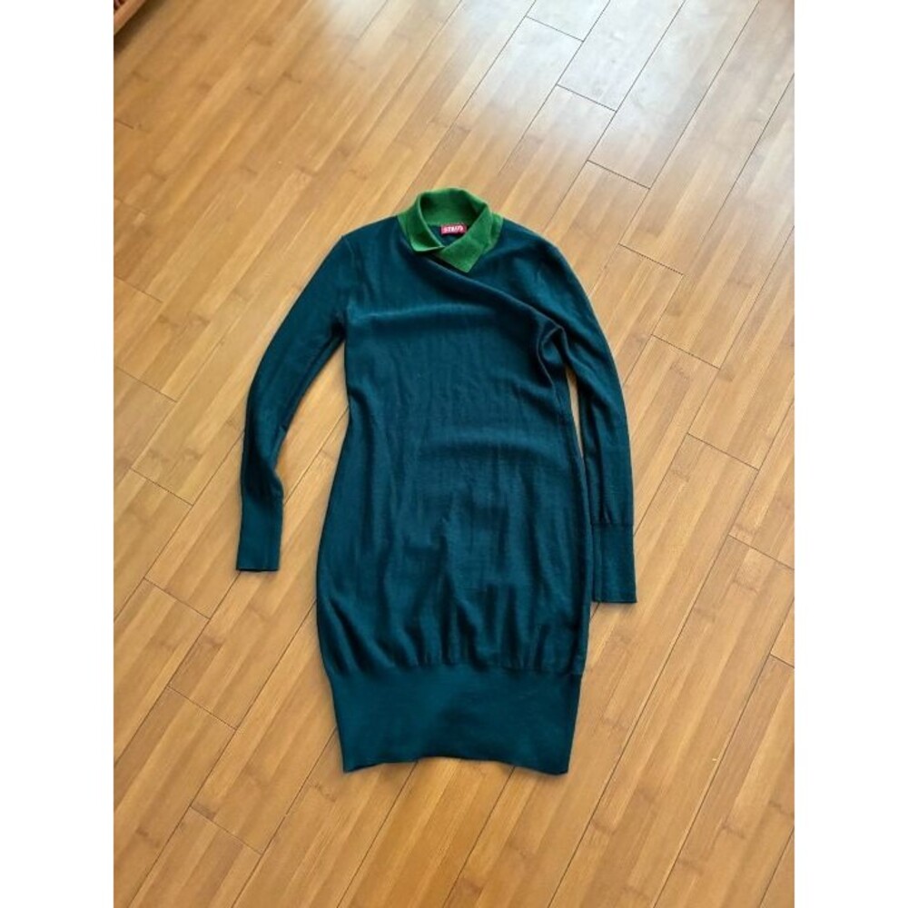 STAUD Dark Teal Knit Mini Dress with Green Collar